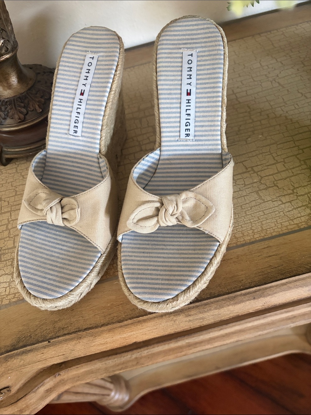 Tommy Hilfiger Cream Knotted Espadrille Wedge Slides